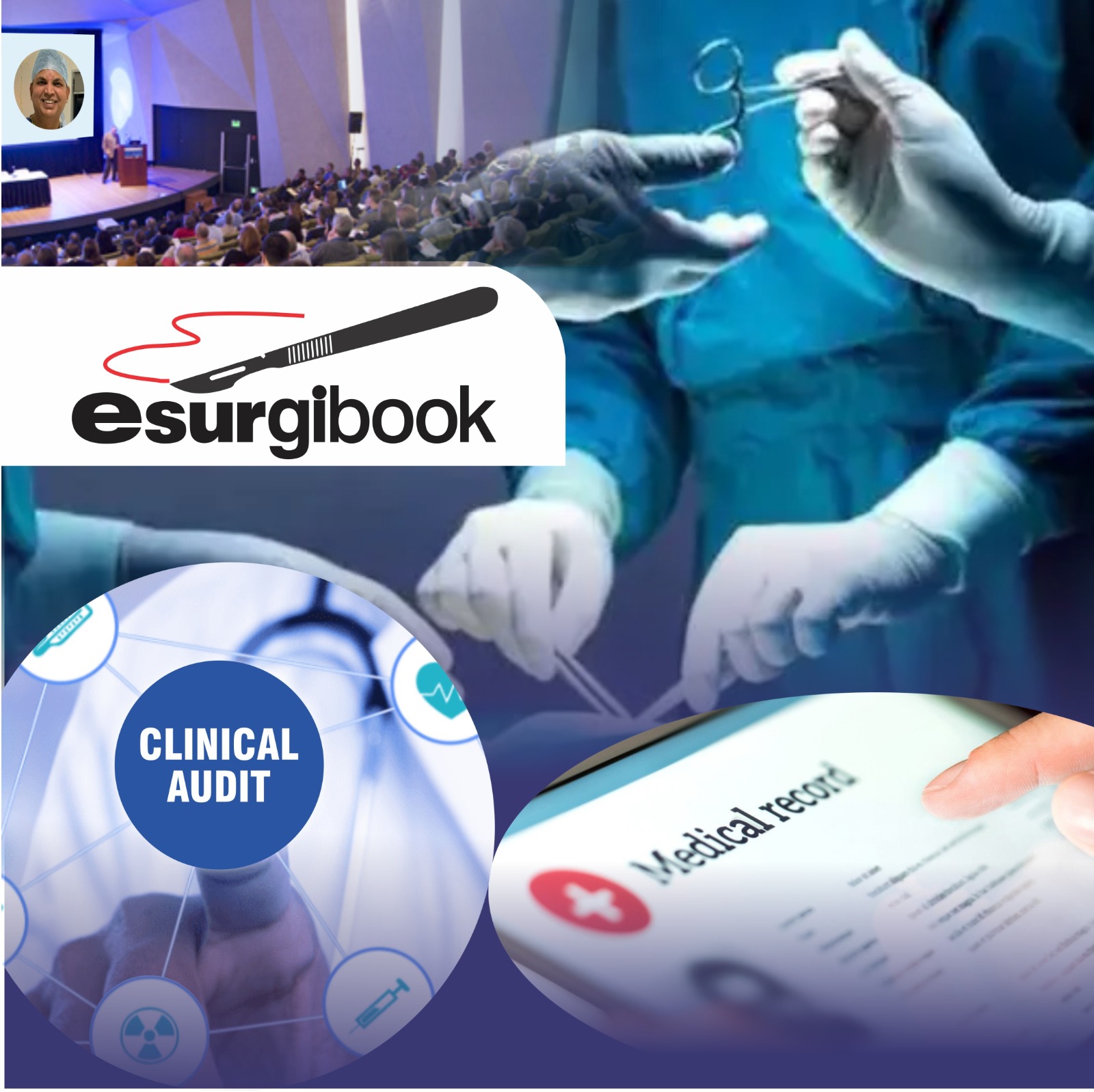 eSurgibook — surgeons in conference, in operating theatre, recording audits and medical records